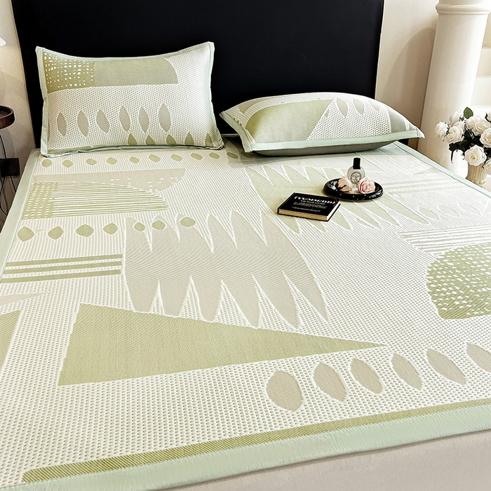 91家纺网 家纺一手货源 找家纺 雅诗帛 2026新款PE凉感丝凉席床笠款凉席席子三件套-几何 几何-绿