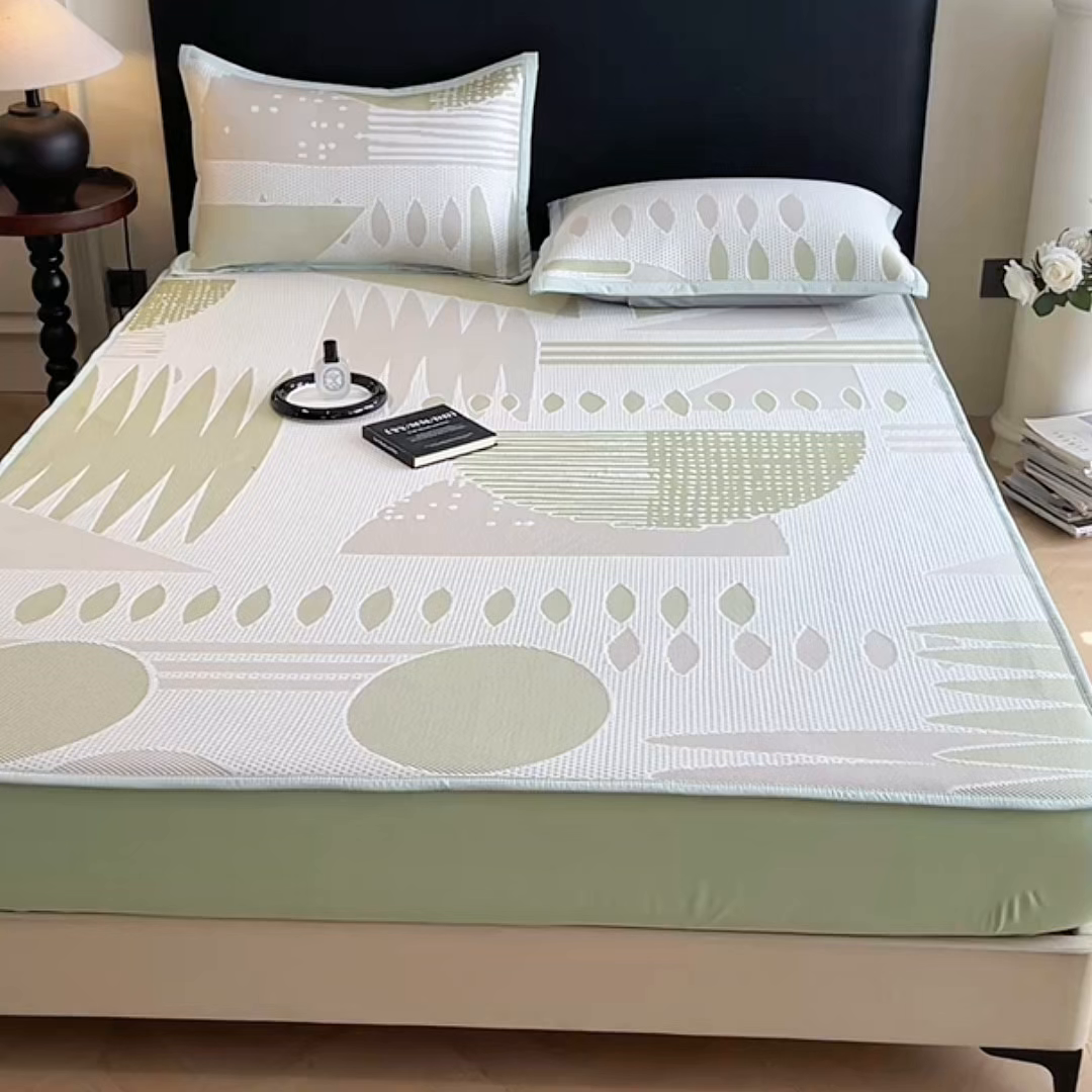 91家纺网 家纺一手货源 找家纺 雅诗帛 2026新款PE凉感丝凉席床笠款凉席席子三件套-几何 几何-绿