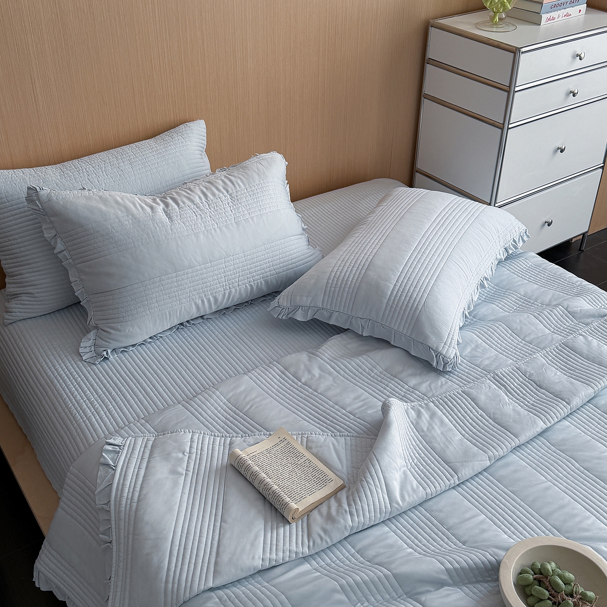 91家纺网 家纺一手货源 找家纺 漫调家纺 2026新款韩国莫代尔夏被床盖系列-花边款 海盐蓝