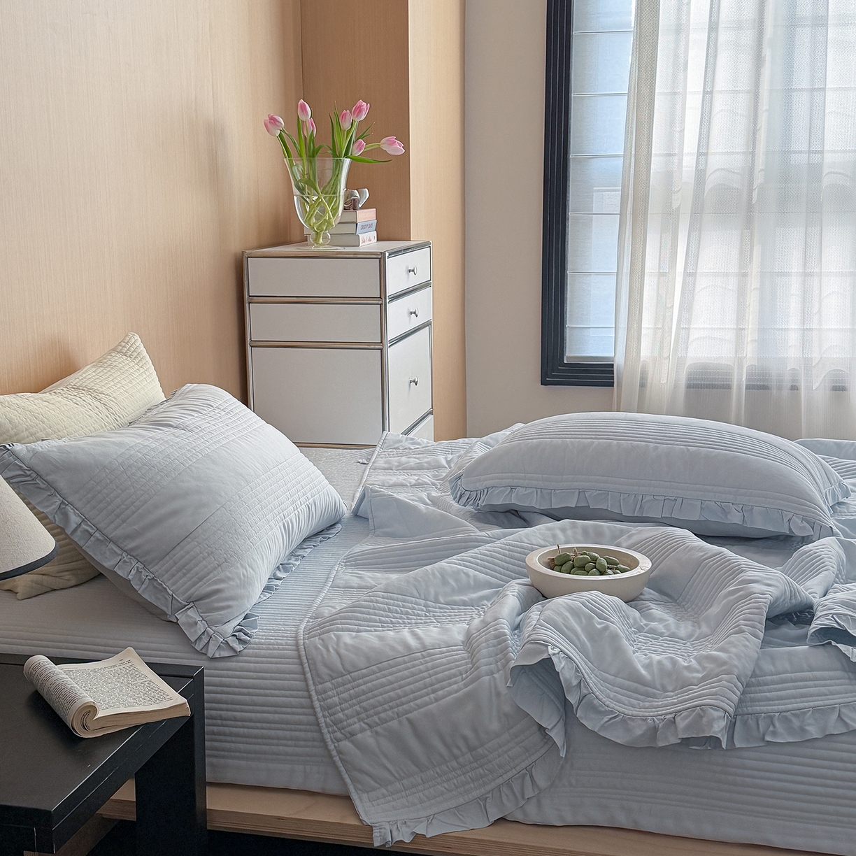 91家纺网 家纺一手货源 找家纺 漫调家纺 2026新款韩国莫代尔夏被床盖系列-花边款 海盐蓝