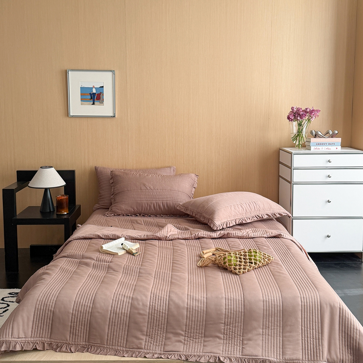 91家纺网 家纺一手货源 找家纺 漫调家纺 2026新款韩国莫代尔夏被床盖系列-花边款 可可暖棕