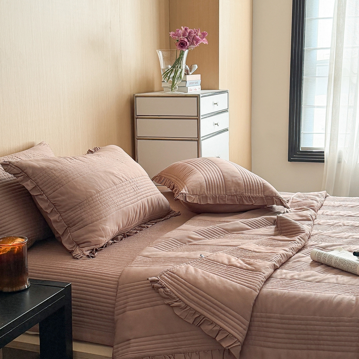 91家纺网 家纺一手货源 找家纺 漫调家纺 2026新款韩国莫代尔夏被床盖系列-花边款 可可暖棕