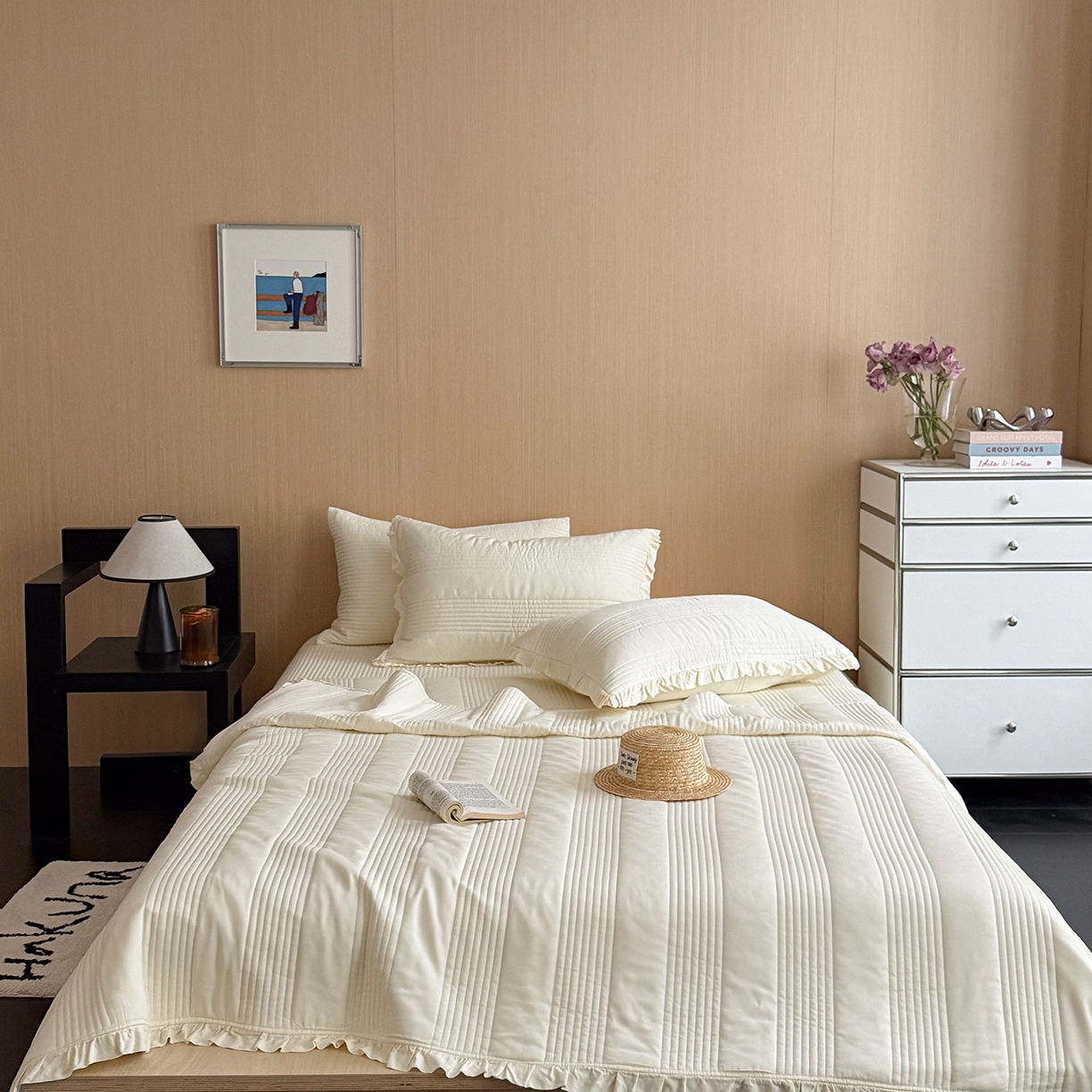 91家纺网 家纺一手货源 找家纺 漫调家纺 2026新款韩国莫代尔夏被床盖系列-花边款 奶杏