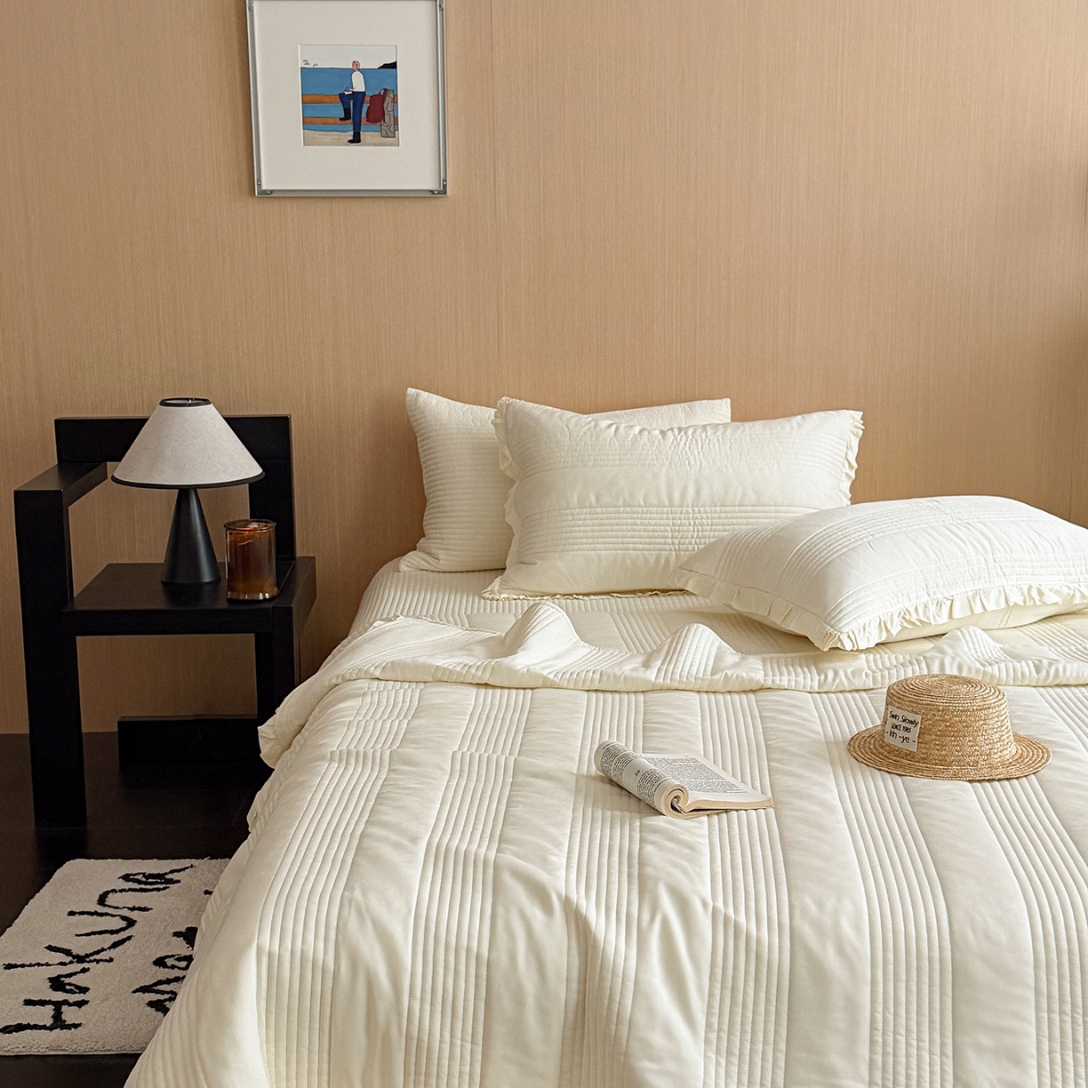 91家纺网 家纺一手货源 找家纺 漫调家纺 2026新款韩国莫代尔夏被床盖系列-花边款 奶杏