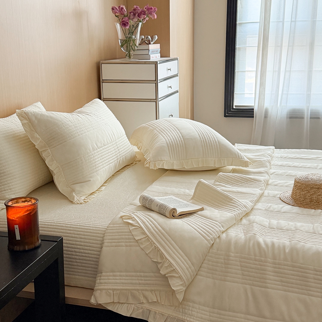 91家纺网 家纺一手货源 找家纺 漫调家纺 2026新款韩国莫代尔夏被床盖系列-花边款 奶杏