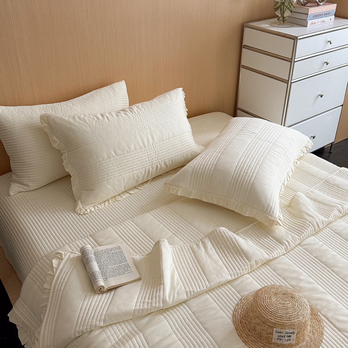 91家纺网 家纺一手货源 找家纺 漫调家纺 2026新款韩国莫代尔夏被床盖系列-花边款 奶杏