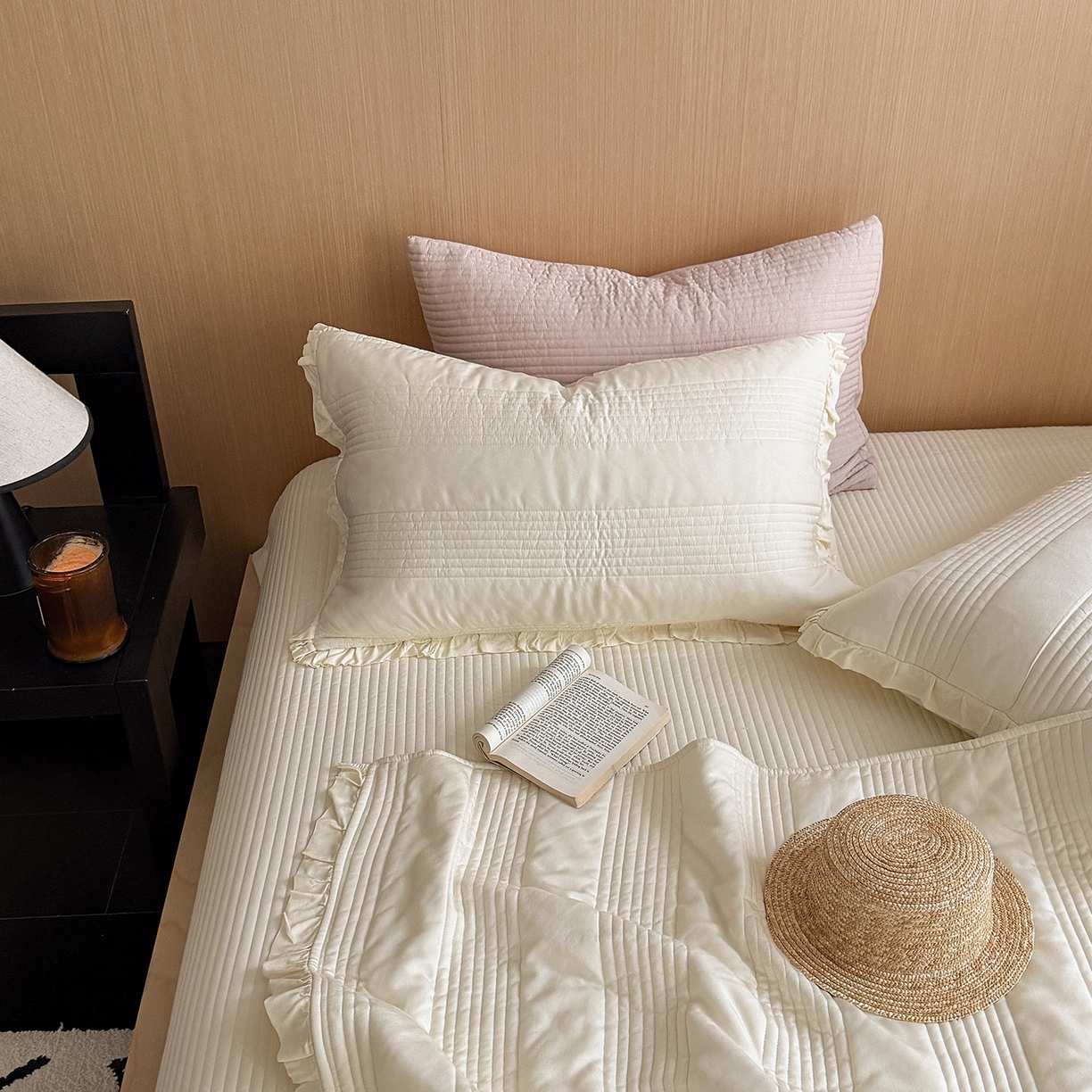 91家纺网 家纺一手货源 找家纺 漫调家纺 2026新款韩国莫代尔夏被床盖系列-花边款 奶杏