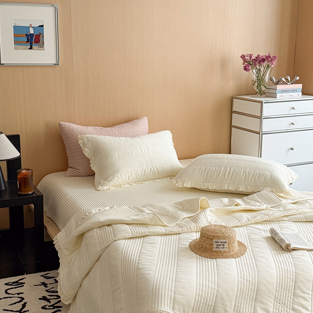 91家纺网 家纺一手货源 找家纺 漫调家纺 2026新款韩国莫代尔夏被床盖系列-花边款 奶杏