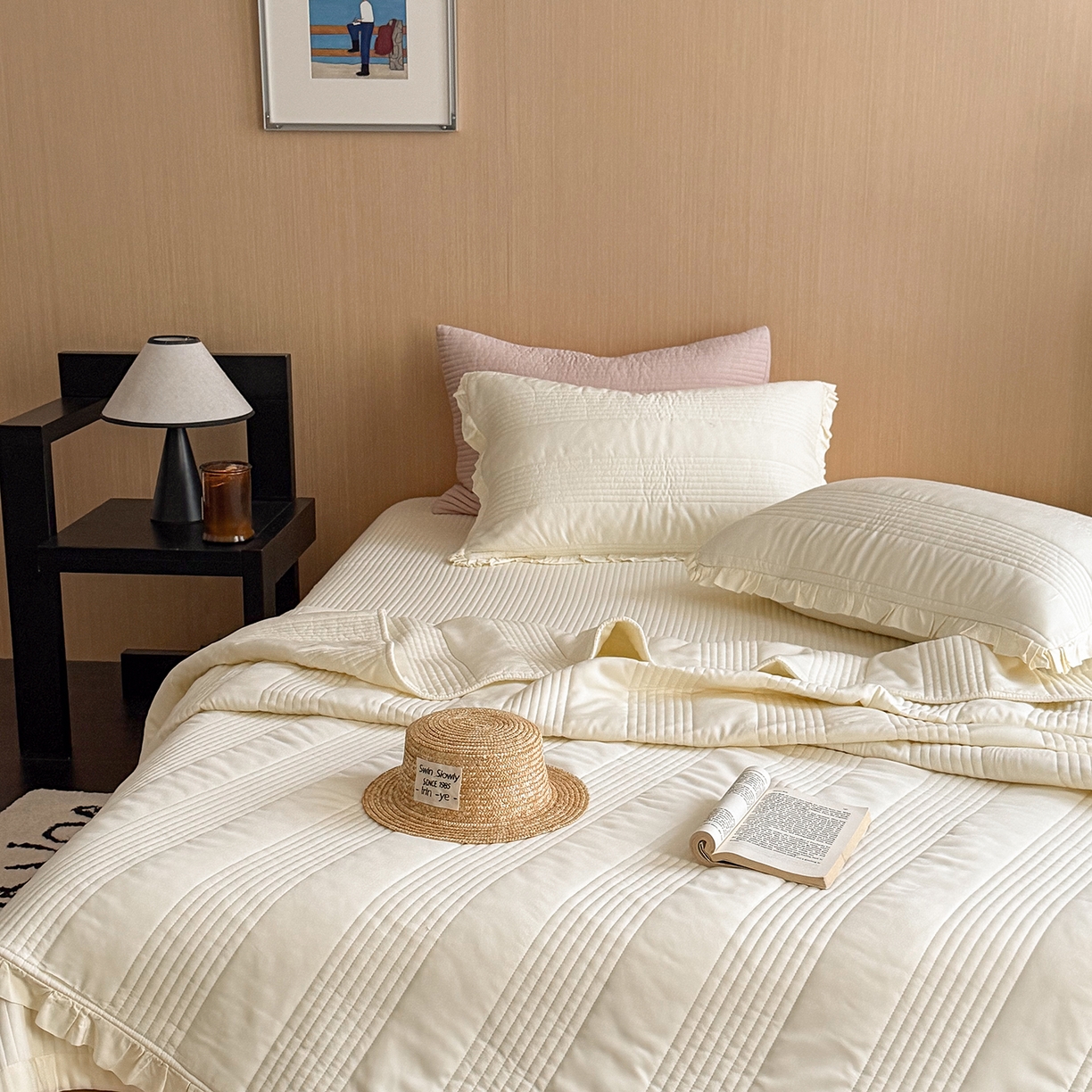 91家纺网 家纺一手货源 找家纺 漫调家纺 2026新款韩国莫代尔夏被床盖系列-花边款 奶杏