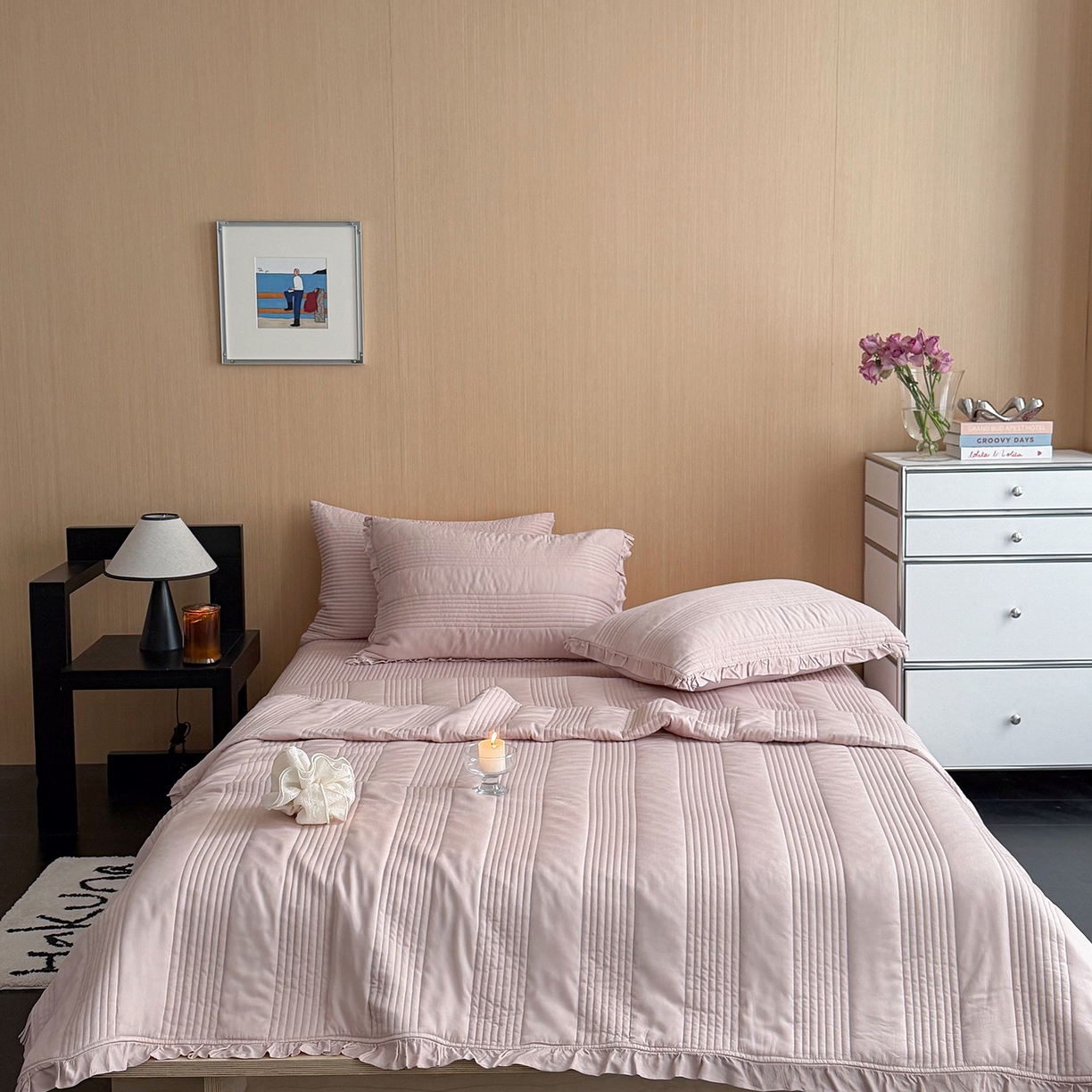 91家纺网 家纺一手货源 找家纺 漫调家纺 2026新款韩国莫代尔夏被床盖系列-花边款 柔粉