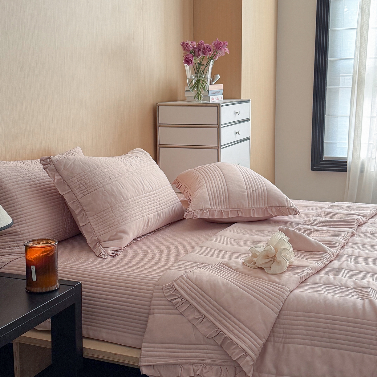 91家纺网 家纺一手货源 找家纺 漫调家纺 2026新款韩国莫代尔夏被床盖系列-花边款 柔粉