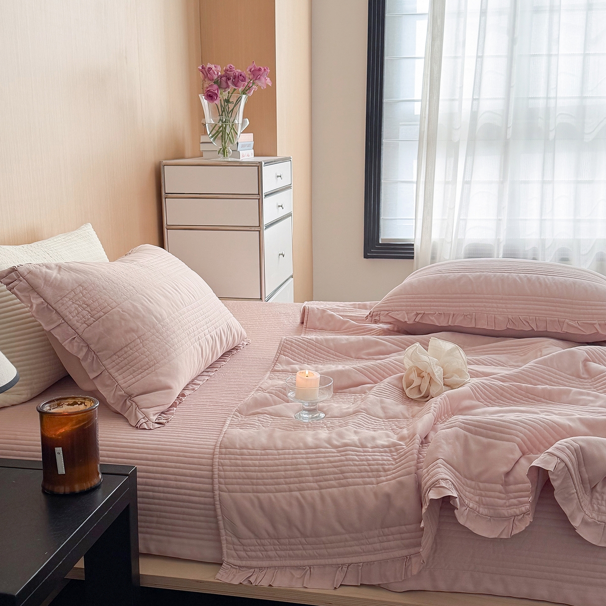 91家纺网 家纺一手货源 找家纺 漫调家纺 2026新款韩国莫代尔夏被床盖系列-花边款 柔粉