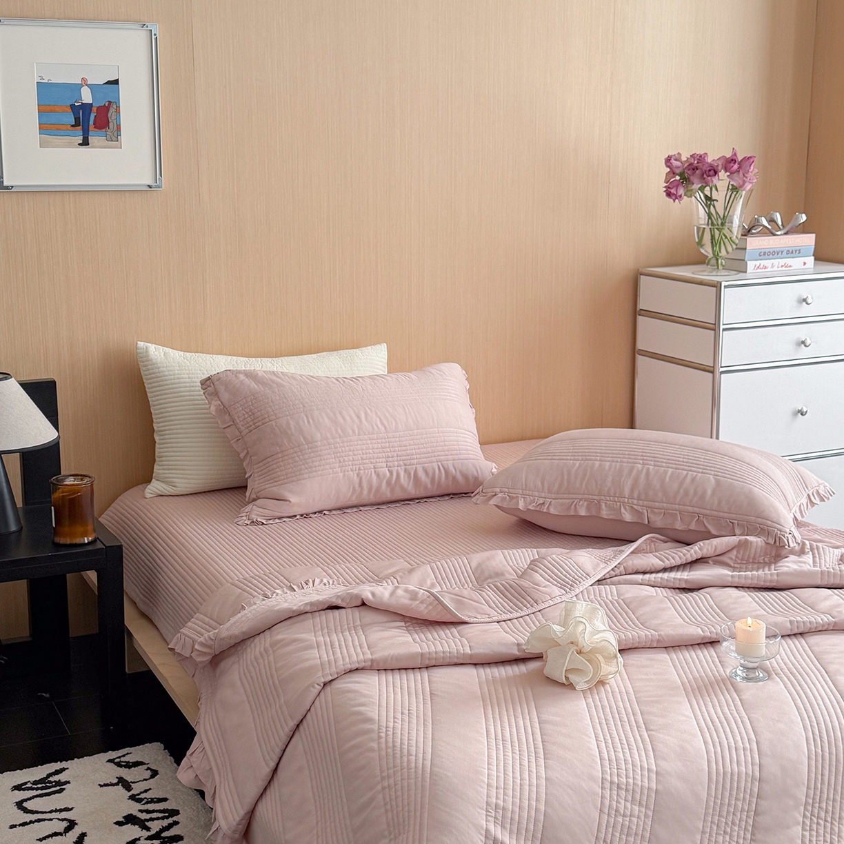 91家纺网 家纺一手货源 找家纺 漫调家纺 2026新款韩国莫代尔夏被床盖系列-花边款 柔粉