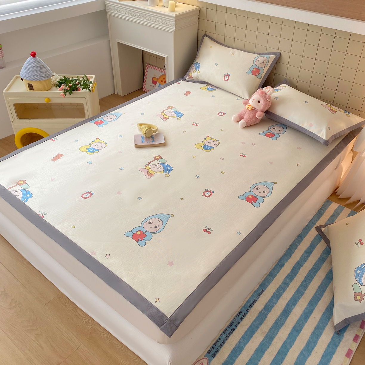 91家纺网 家纺一手货源 找家纺 金盛纺 2026新款A类数码印花冰丝席(可定制)-床席款 星星仔