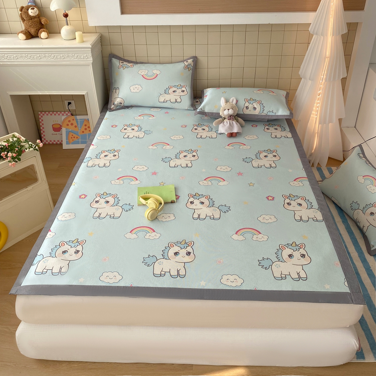 91家纺网 家纺一手货源 找家纺 金盛纺 2026新款A类数码印花冰丝席(可定制)-床席款 彩虹小马