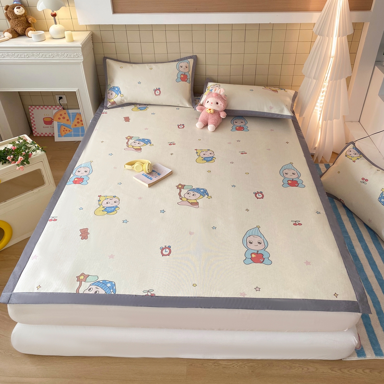 91家纺网 家纺一手货源 找家纺 金盛纺 2026新款A类数码印花冰丝席(可定制)-床席款 星星仔