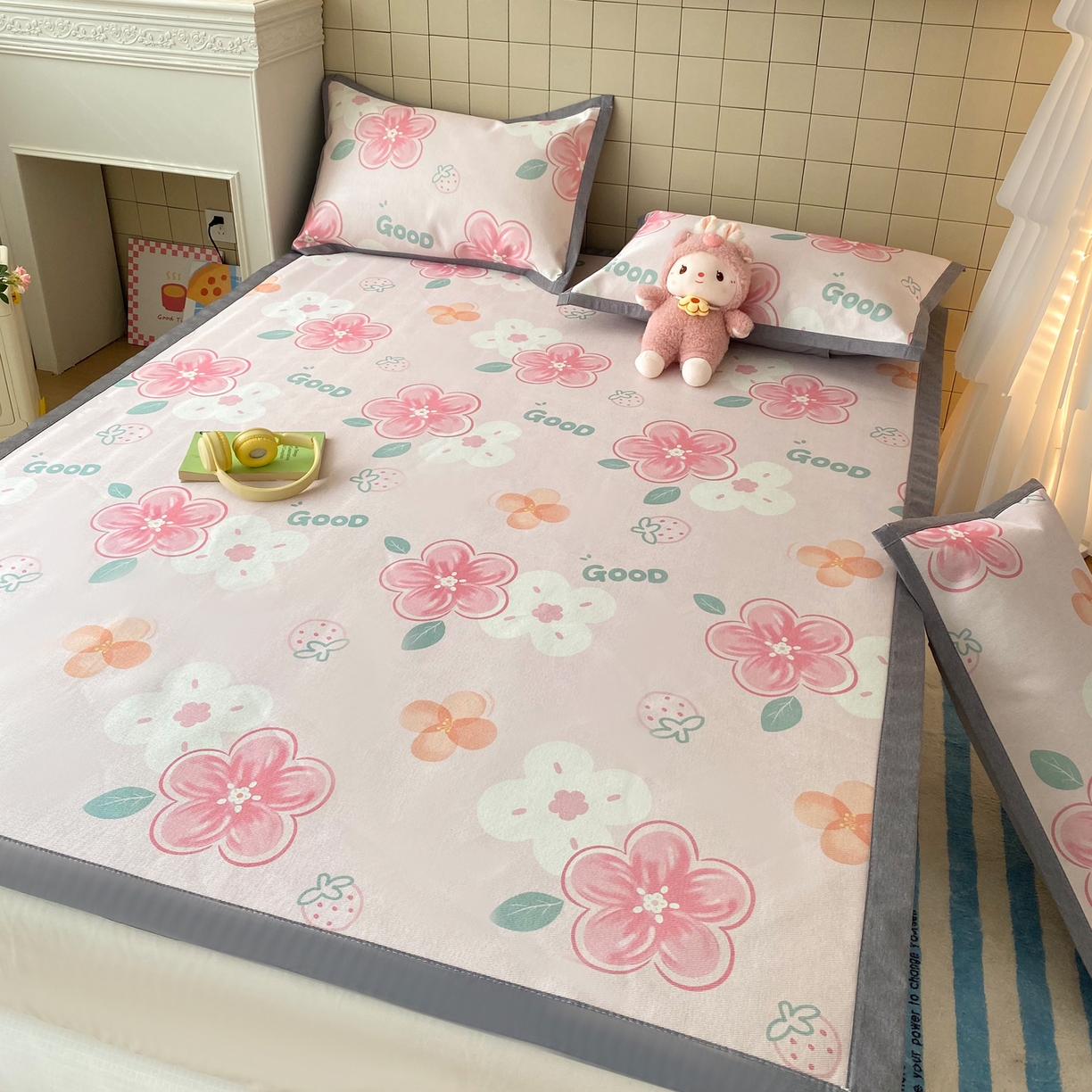 91家纺网 家纺一手货源 找家纺 金盛纺 2026新款A类数码印花冰丝席(可定制)-床席款 花间甜语