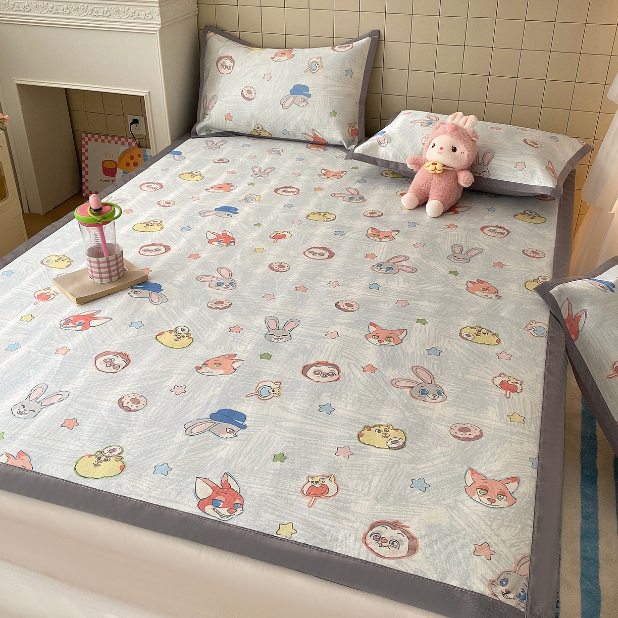 91家纺网 家纺一手货源 找家纺 金盛纺 2026新款A类数码印花冰丝席(可定制)-床席款 动物天团