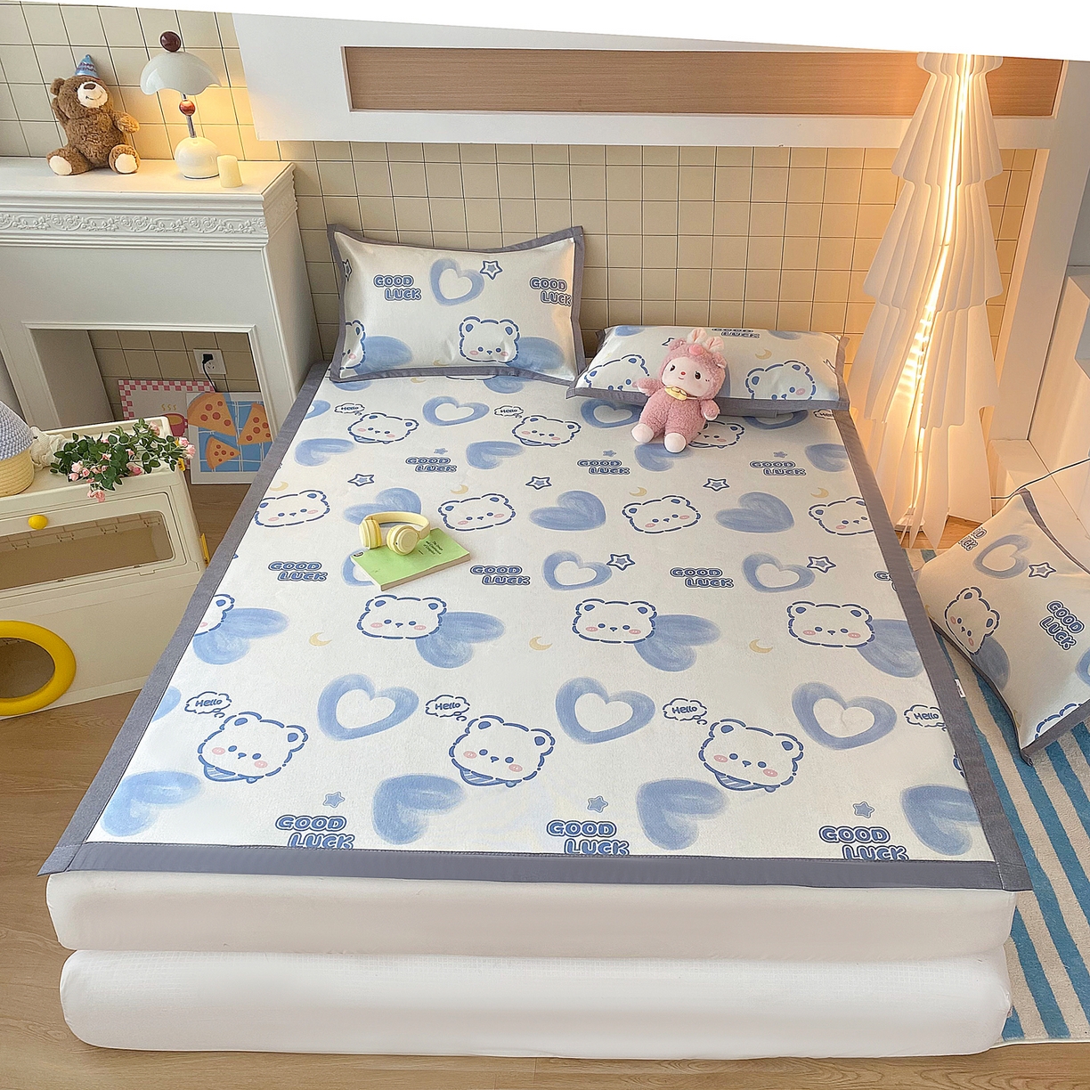 91家纺网 家纺一手货源 找家纺 金盛纺 2026新款A类数码印花冰丝席(可定制)-床席款 星月小熊