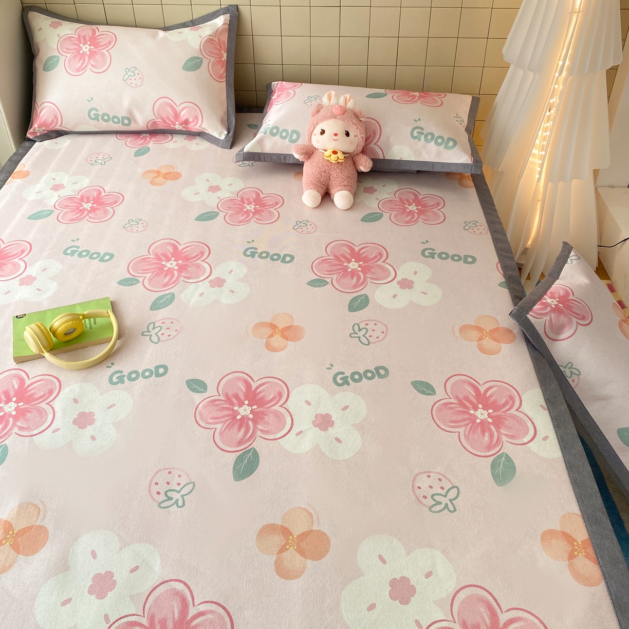 91家纺网 家纺一手货源 找家纺 金盛纺 2026新款A类数码印花冰丝席(可定制)-床席款 花间甜语