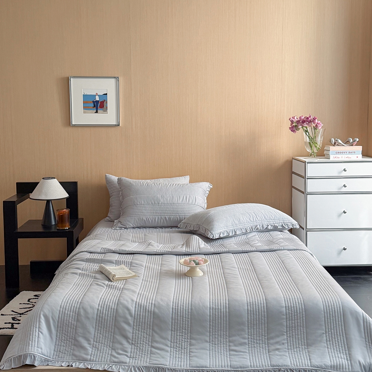 91家纺网 家纺一手货源 找家纺 漫调家纺 2026新款韩国莫代尔夏被床盖系列-花边款 雾灰