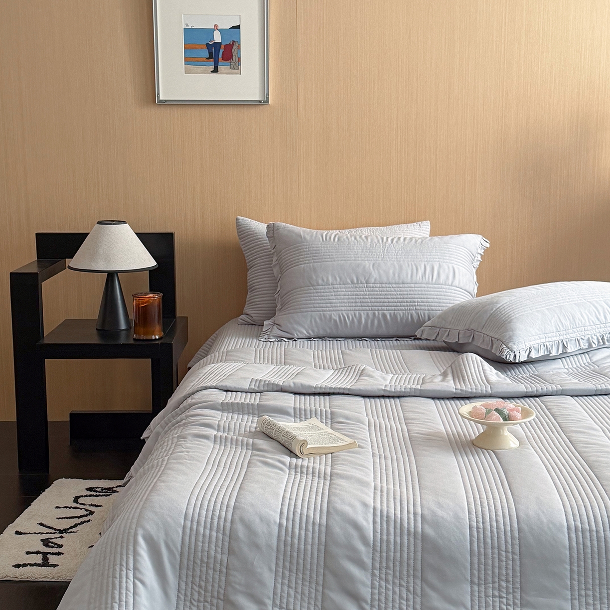 91家纺网 家纺一手货源 找家纺 漫调家纺 2026新款韩国莫代尔夏被床盖系列-花边款 雾灰