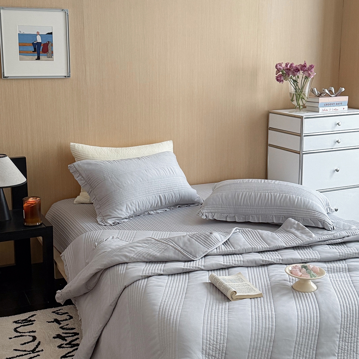 91家纺网 家纺一手货源 找家纺 漫调家纺 2026新款韩国莫代尔夏被床盖系列-花边款 雾灰