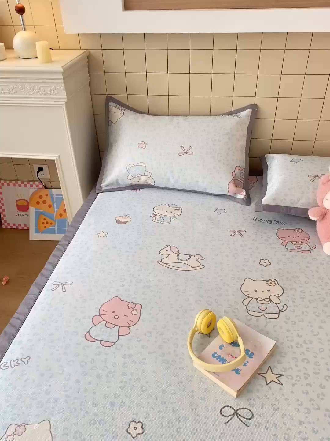 91家纺网 家纺一手货源 找家纺 金盛纺 2026新款A类数码印花冰丝席(可定制)-床席款 蓝猫