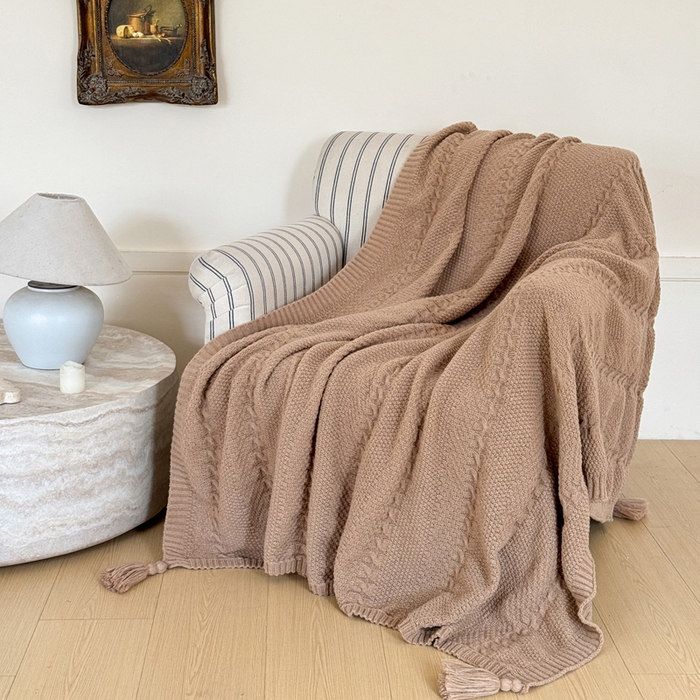 91家纺网 家纺一手货源 找家纺 丹本家纺 2026新款针织毛毯鹿毛绒纯色流苏航空休闲毯办公午睡盖毯多功能装饰毯 丁香咖