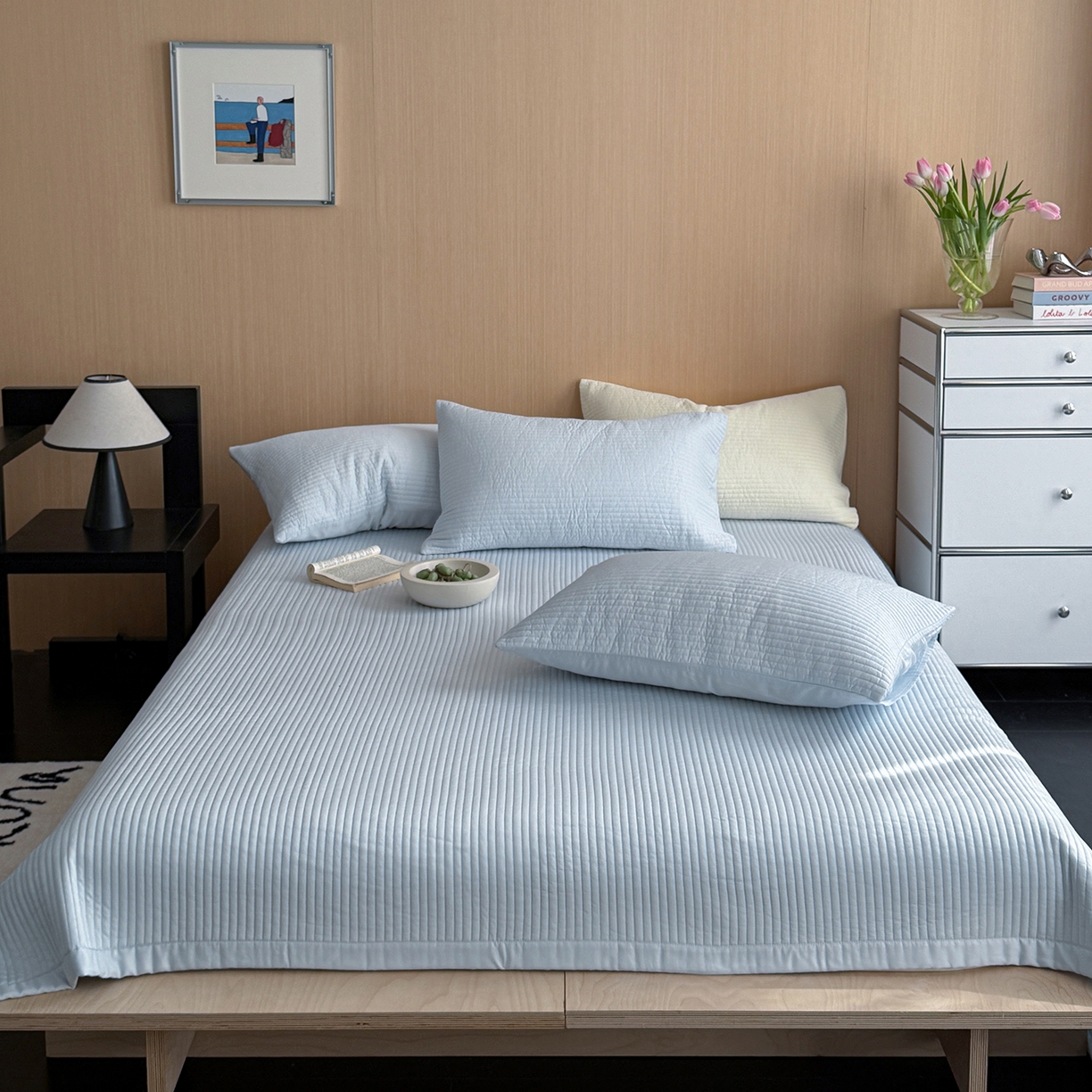 91家纺网 家纺一手货源 找家纺 （总）漫调家纺 2026新款韩国莫代尔夏被床盖系列-宽边直条款