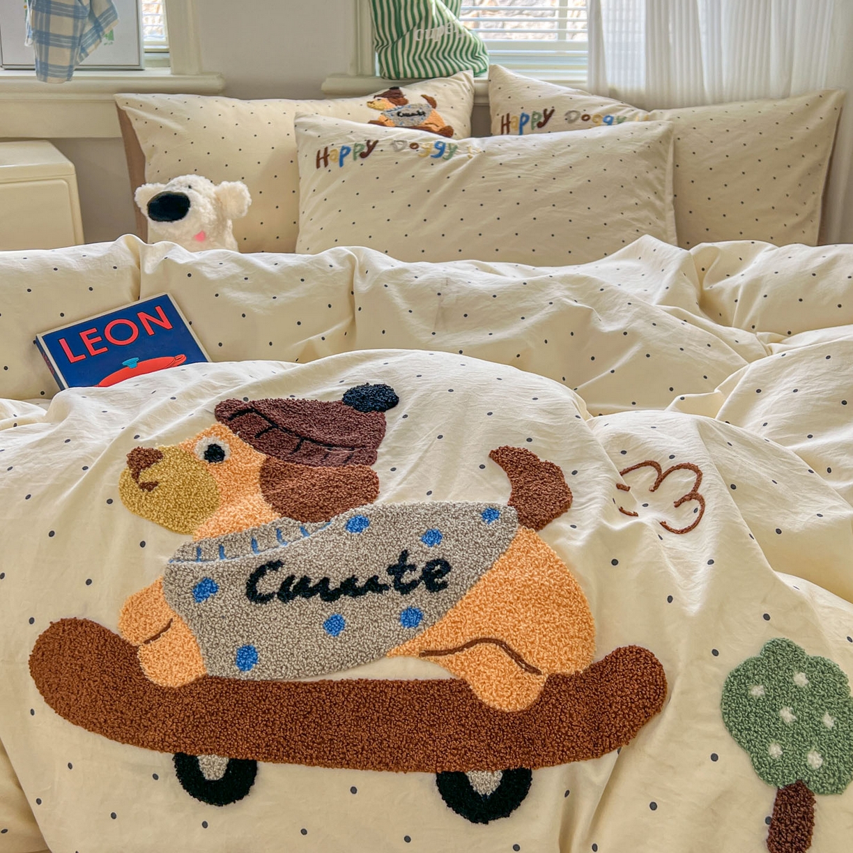 一比一家纺 2026新款仿棉毛巾绣四件套 趴趴小狗