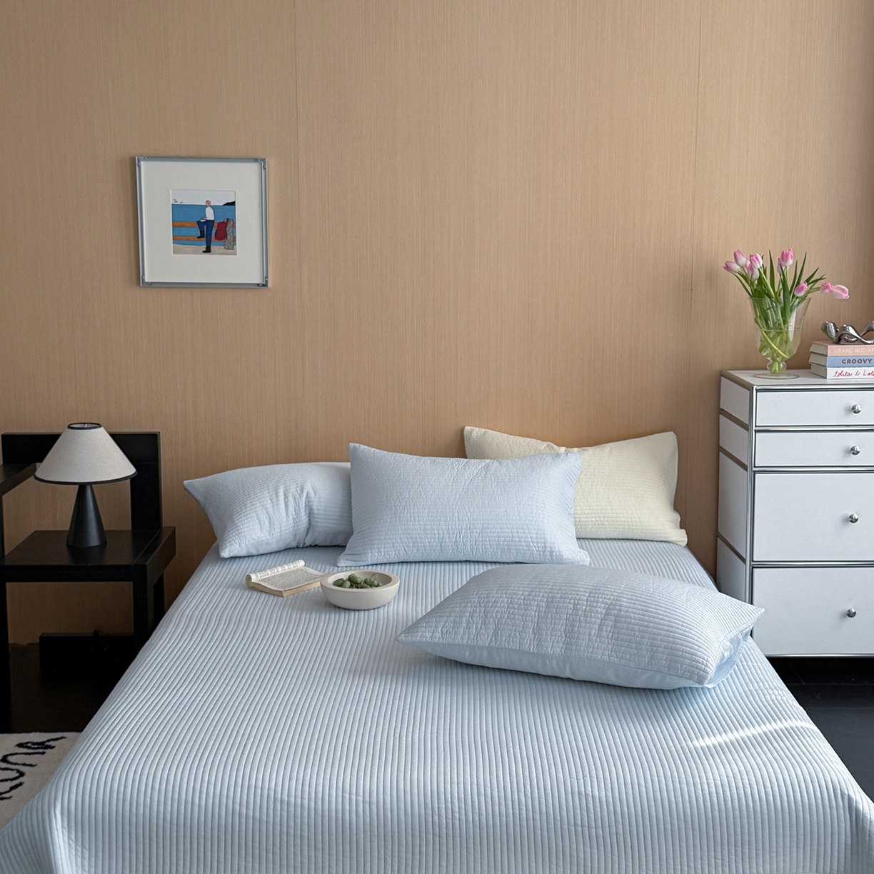 91家纺网 家纺一手货源 找家纺 漫调家纺 2026新款韩国莫代尔夏被床盖系列-宽边直条款 海盐蓝