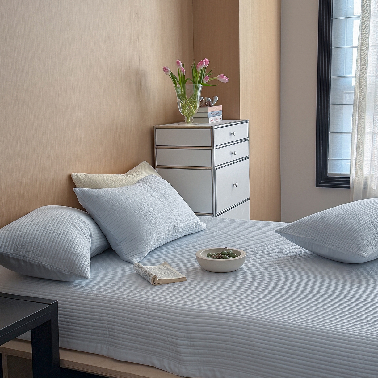 91家纺网 家纺一手货源 找家纺 漫调家纺 2026新款韩国莫代尔夏被床盖系列-宽边直条款 海盐蓝