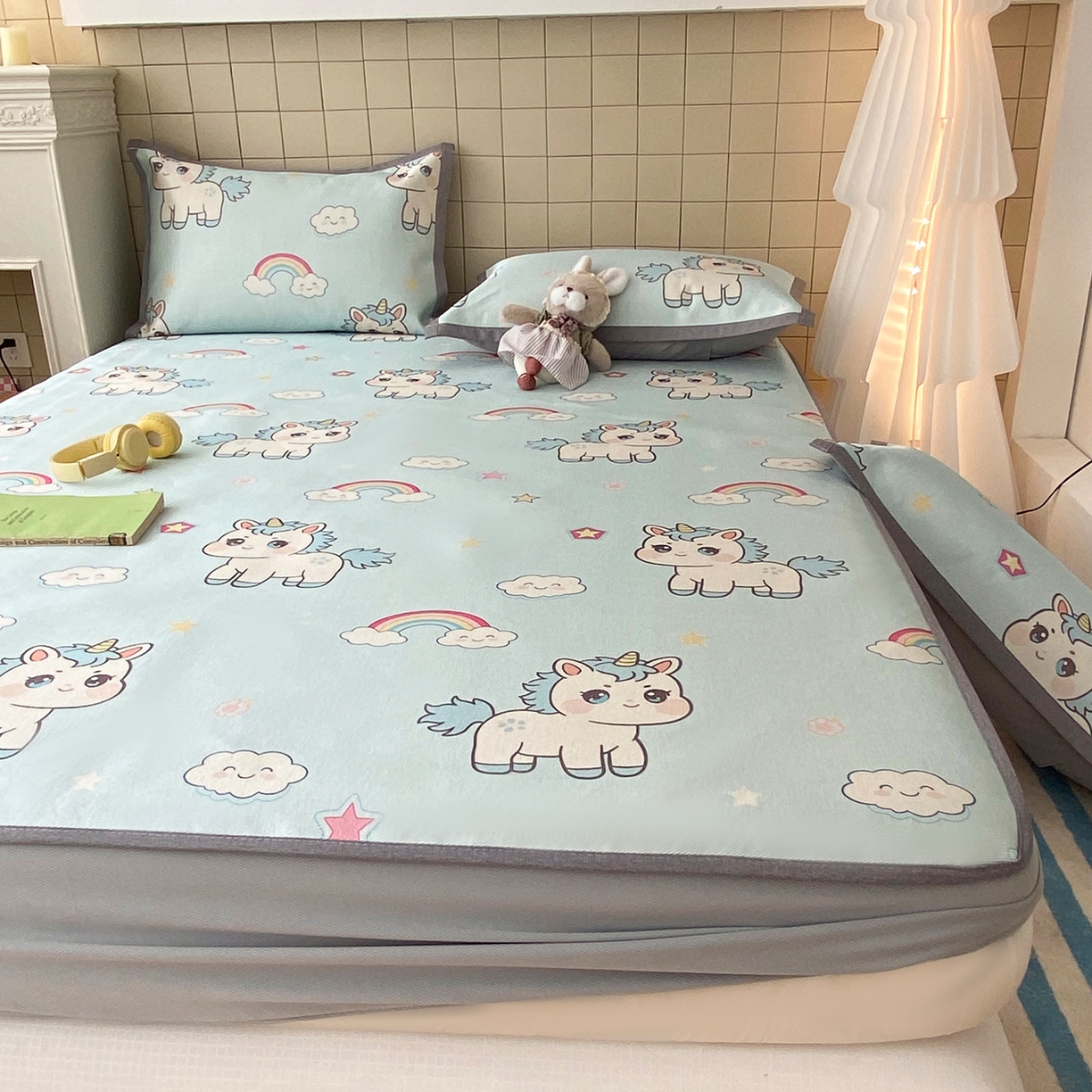 91家纺网 家纺一手货源 找家纺 金盛纺 2026新款A类数码印花冰丝席(可定制)-床笠款 彩虹小马