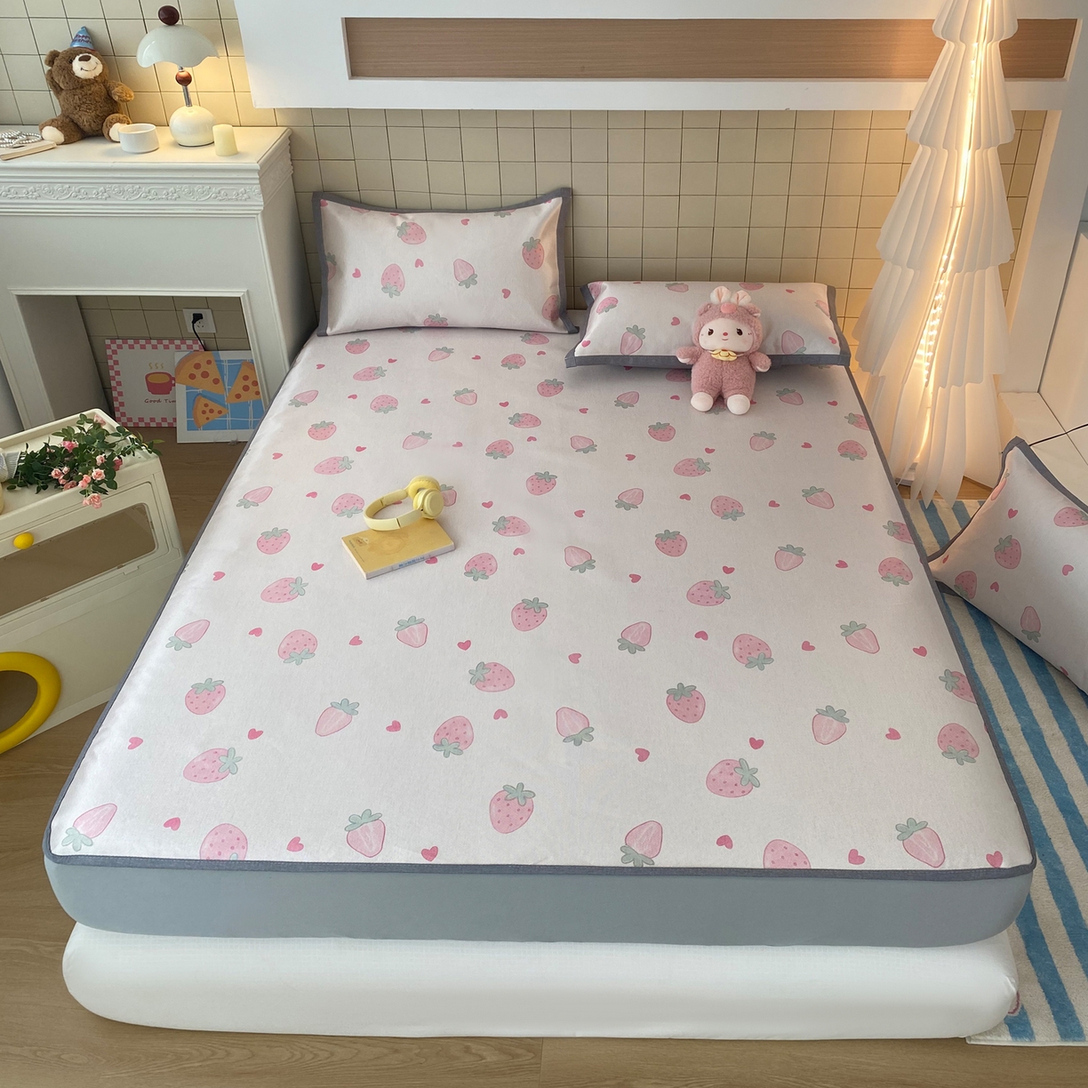 金盛纺 2026新款A类数码印花冰丝席(可定制)-床笠款 草莓心