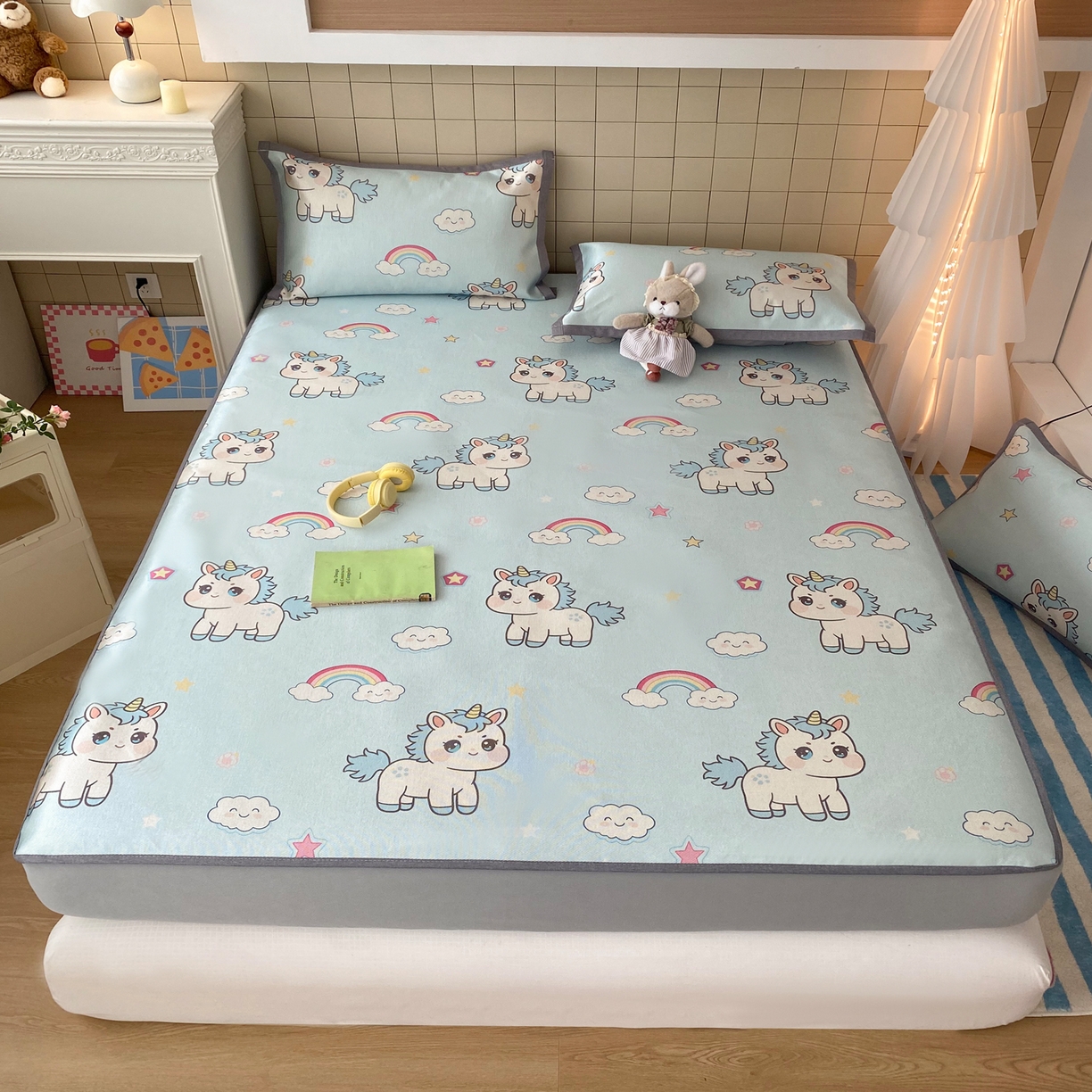 金盛纺 2026新款A类数码印花冰丝席(可定制)-床笠款 彩虹小马