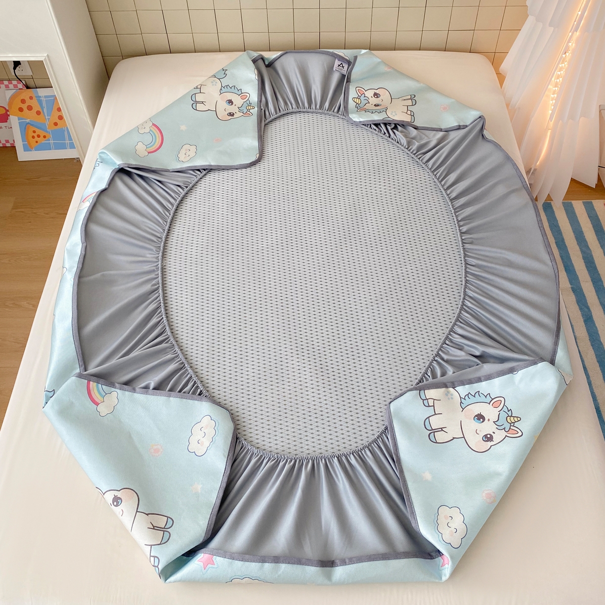 91家纺网 家纺一手货源 找家纺 金盛纺 2026新款A类数码印花冰丝席(可定制)-床笠款 彩虹小马