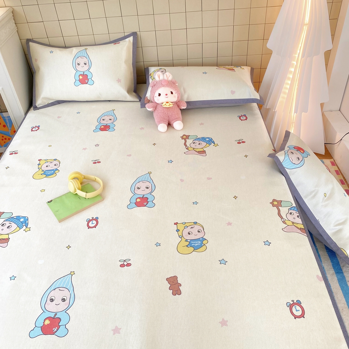 91家纺网 家纺一手货源 找家纺 金盛纺 2026新款A类数码印花冰丝席(可定制)-床笠款 星星仔