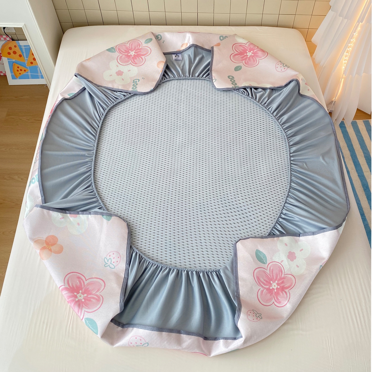 91家纺网 家纺一手货源 找家纺 金盛纺 2026新款A类数码印花冰丝席(可定制)-床笠款 花间甜语