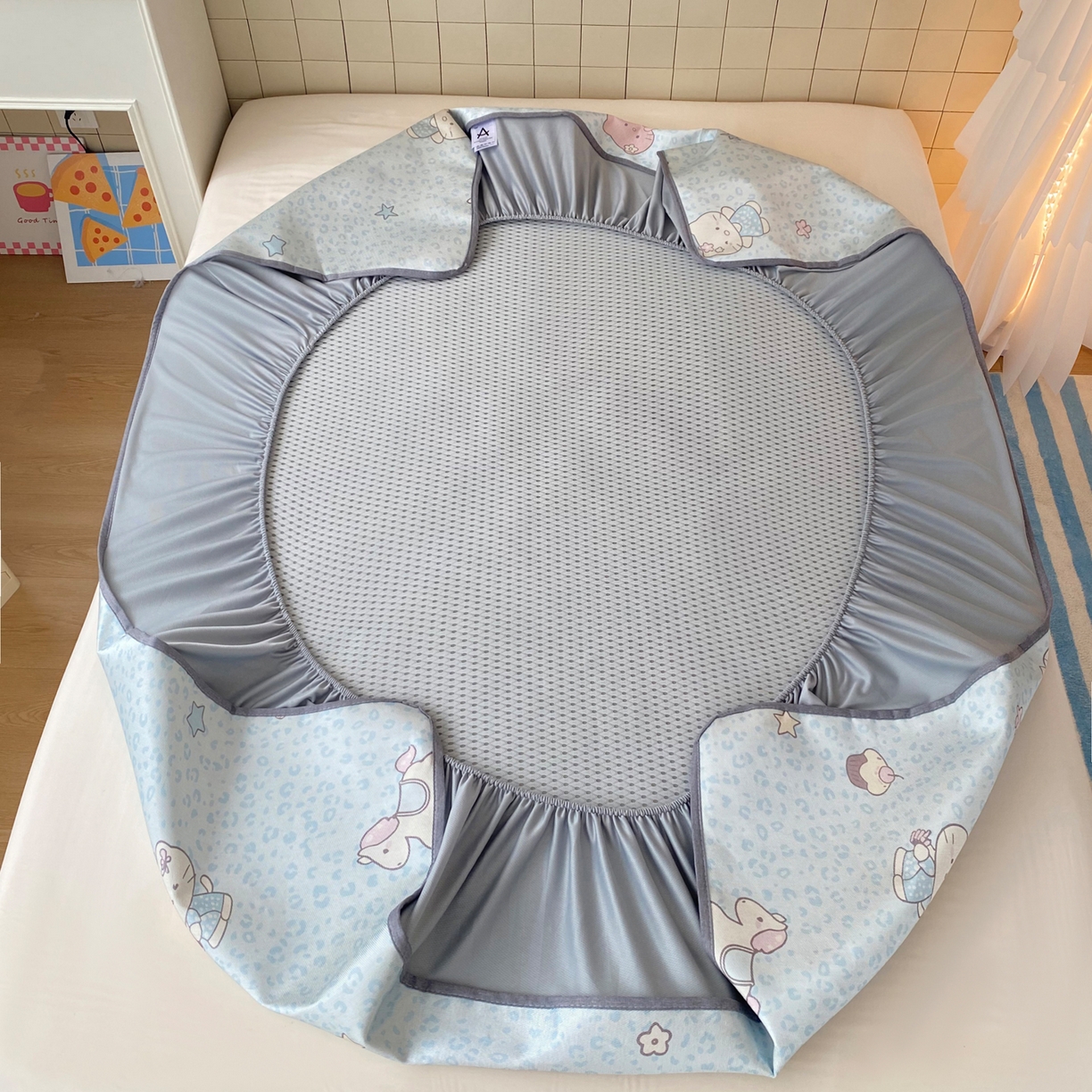 91家纺网 家纺一手货源 找家纺 金盛纺 2026新款A类数码印花冰丝席(可定制)-床笠款 蓝猫