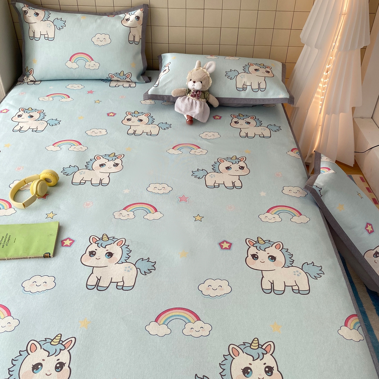 91家纺网 家纺一手货源 找家纺 金盛纺 2026新款A类数码印花冰丝席(可定制)-床笠款 彩虹小马