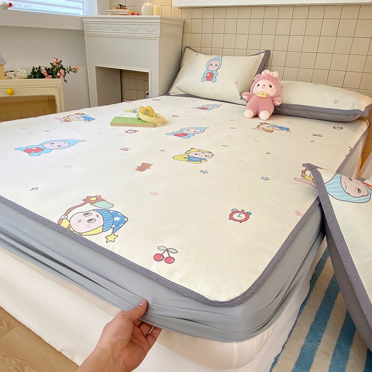 91家纺网 家纺一手货源 找家纺 金盛纺 2026新款A类数码印花冰丝席(可定制)-床笠款 星星仔