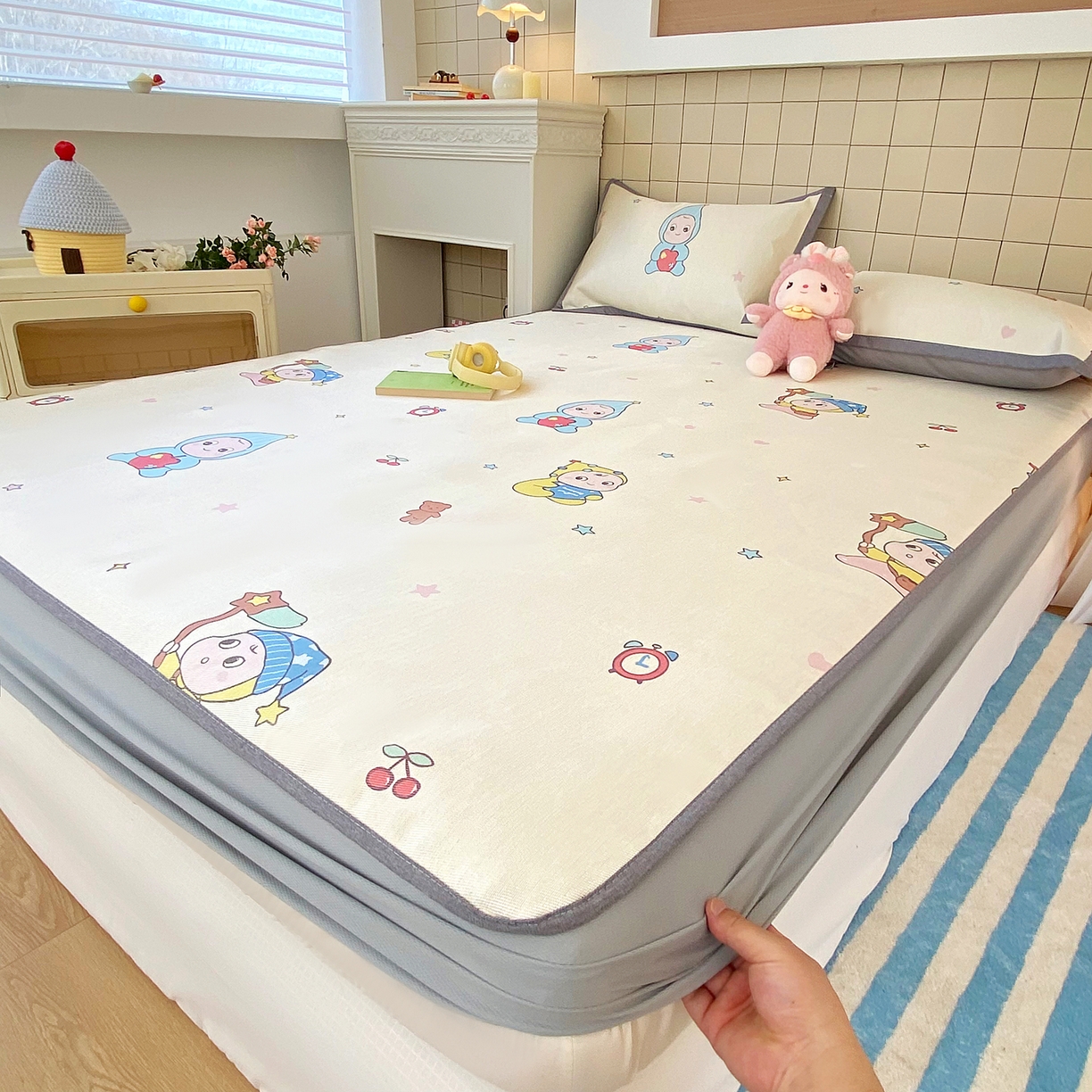 91家纺网 家纺一手货源 找家纺 金盛纺 2026新款A类数码印花冰丝席(可定制)-床笠款 星星仔