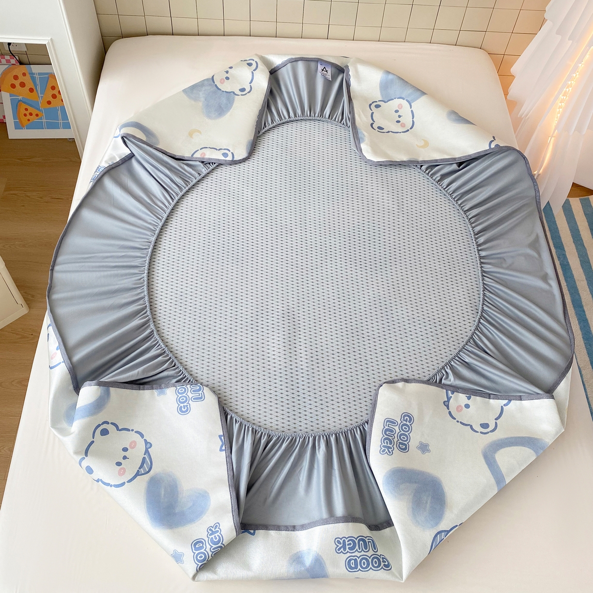 91家纺网 家纺一手货源 找家纺 金盛纺 2026新款A类数码印花冰丝席(可定制)-床笠款 星月小熊