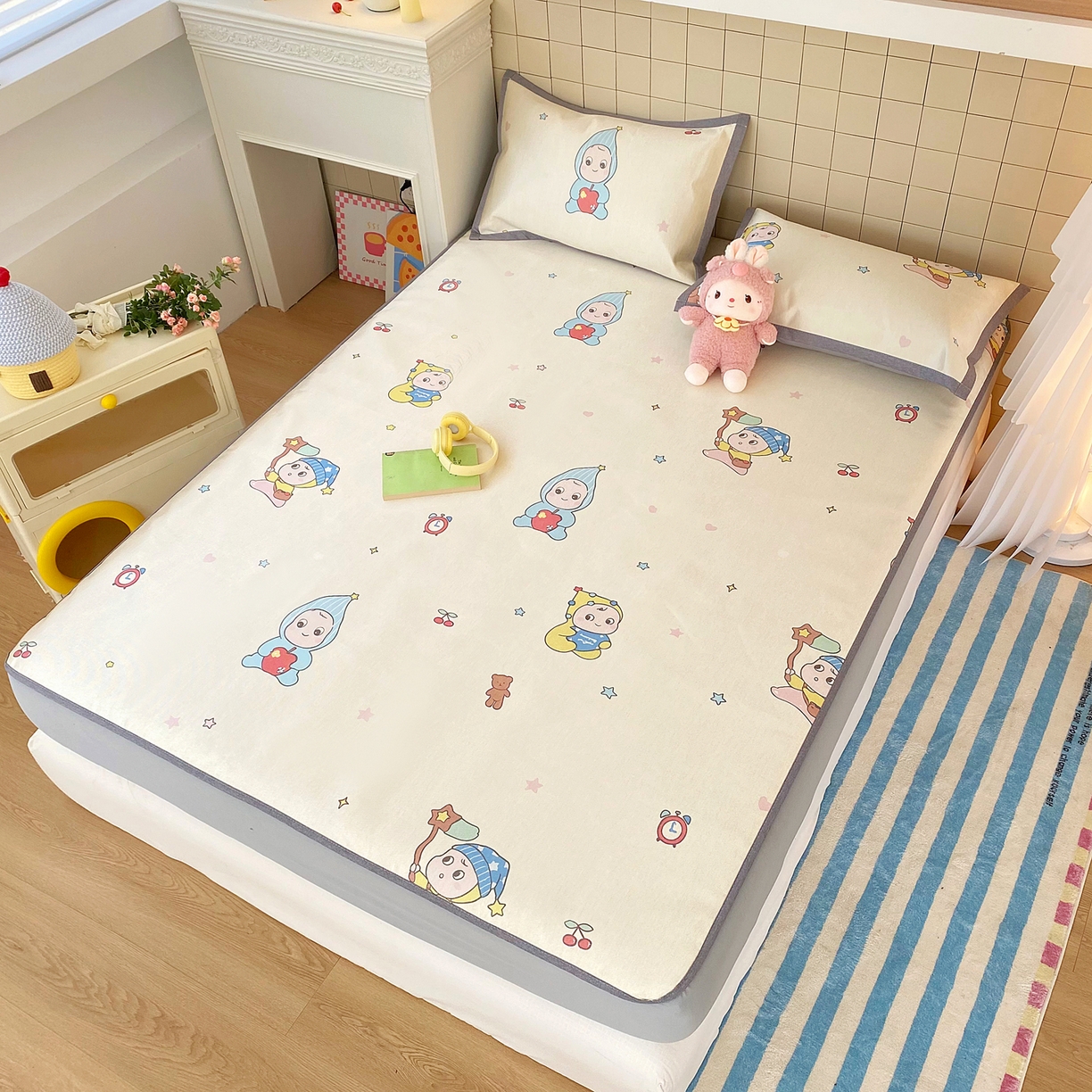 91家纺网 家纺一手货源 找家纺 金盛纺 2026新款A类数码印花冰丝席(可定制)-床笠款 星星仔