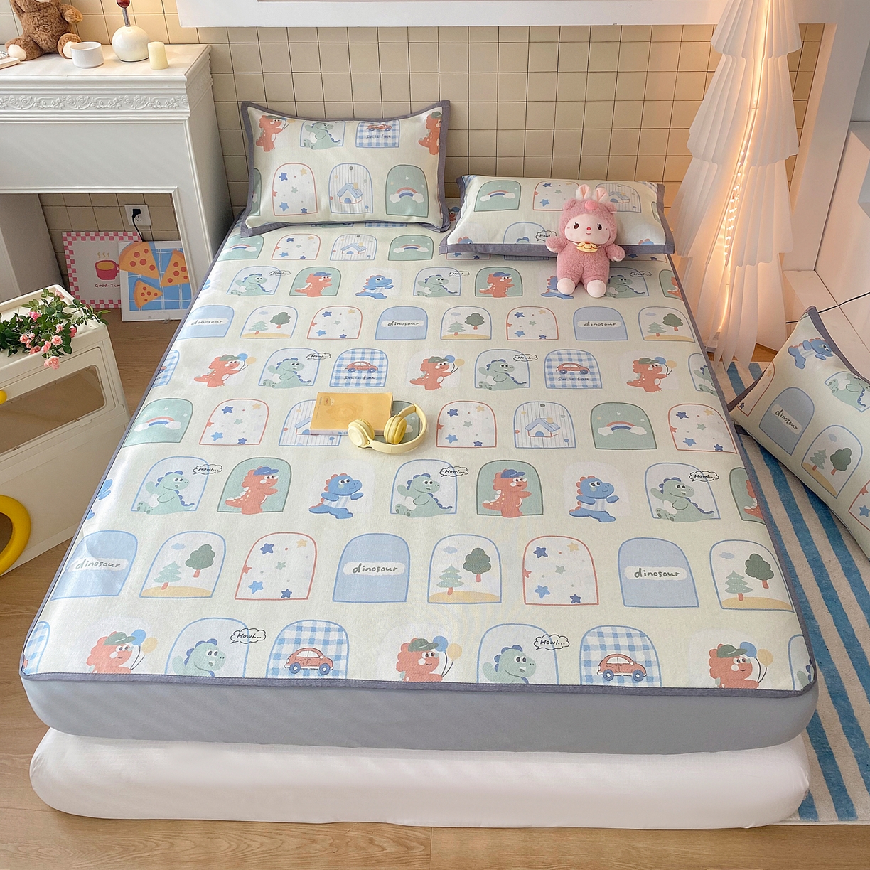 金盛纺 2026新款A类数码印花冰丝席(可定制)-床笠款 夏日萌龙记