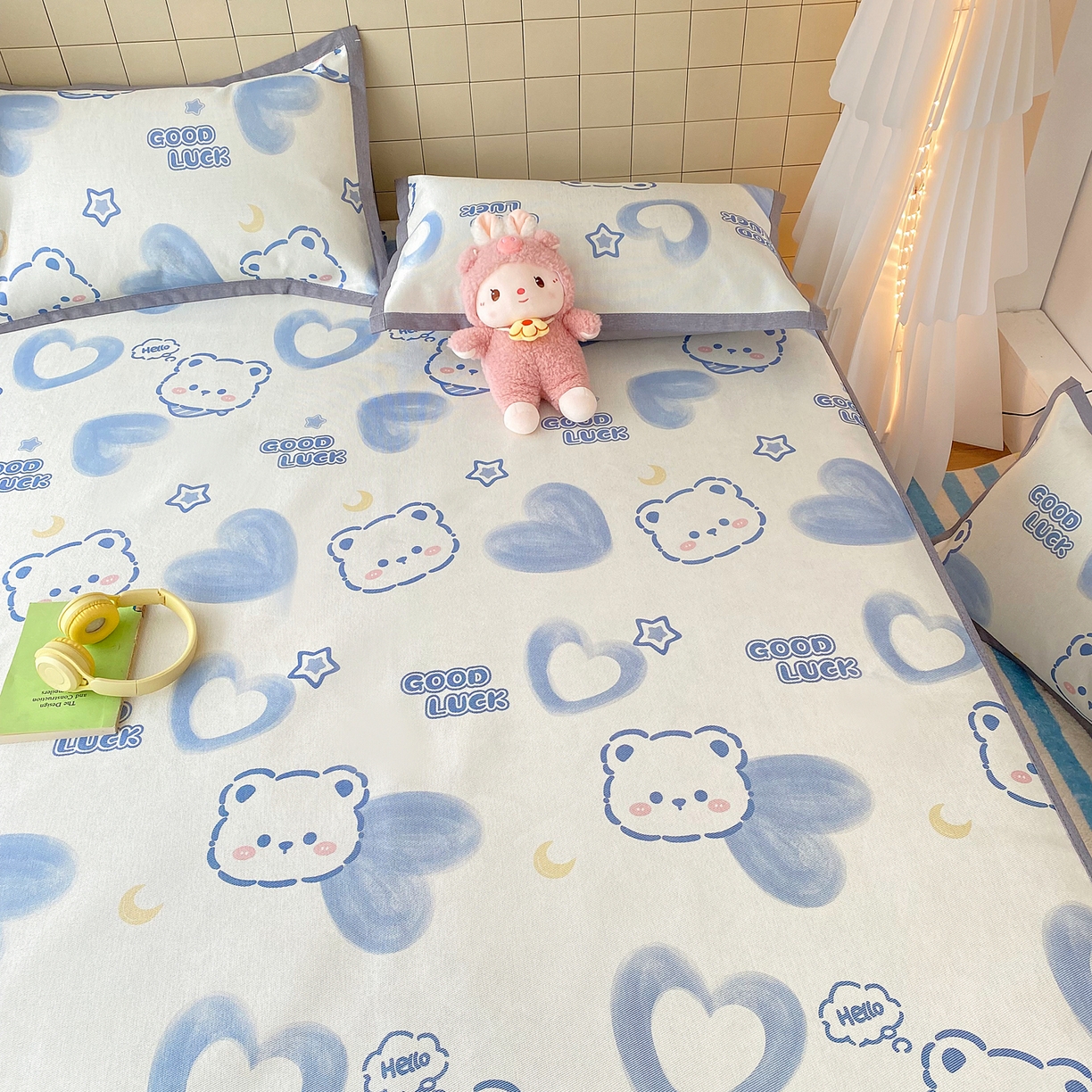 91家纺网 家纺一手货源 找家纺 金盛纺 2026新款A类数码印花冰丝席(可定制)-床笠款 星月小熊