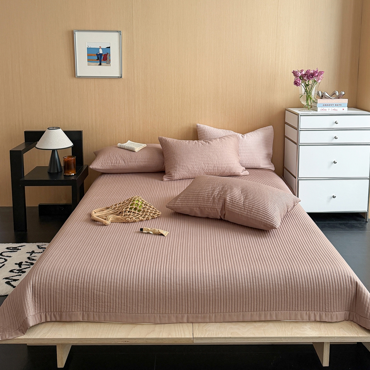 漫调家纺 2026新款韩国莫代尔夏被床盖系列-宽边直条款 可可暖棕