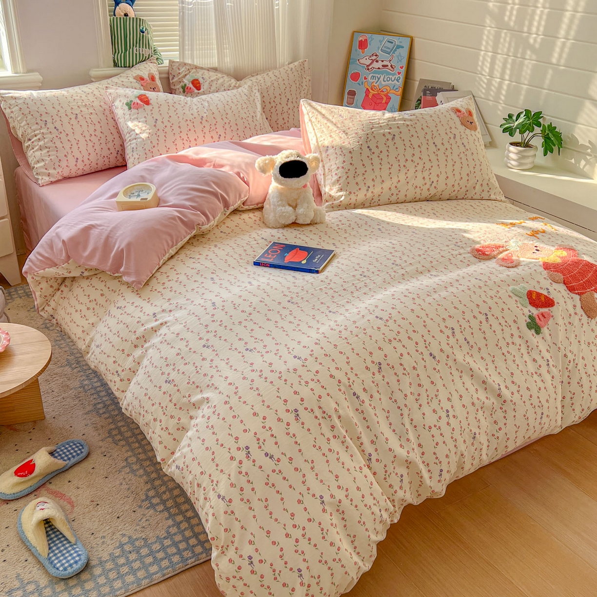 91家纺网 家纺一手货源 找家纺 一比一家纺 2026新款仿棉毛巾绣四件套 粉花兔仔