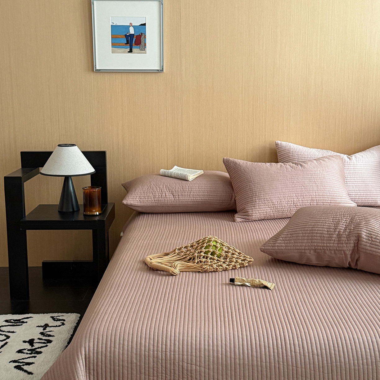 91家纺网 家纺一手货源 找家纺 漫调家纺 2026新款韩国莫代尔夏被床盖系列-宽边直条款 可可暖棕